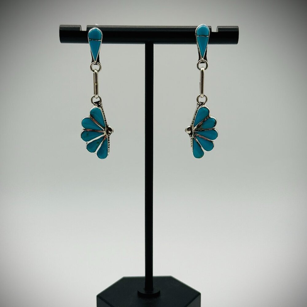 Zuni Turquoise Inlay Dangle Earrings – Sterling, 1.75", etched “Zuni / RVN”